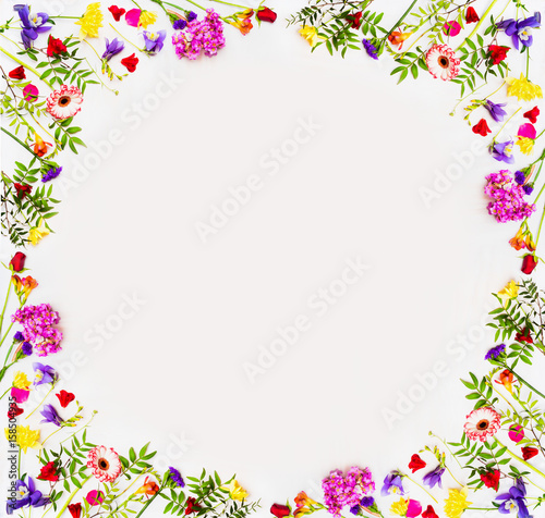 Lovely springtime flowers background with colorful blossom, top view, frame. Springtime and nature concept, frame place for text