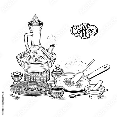 Vector sketch drawing East Arabic cup and vintage coffeepot, roasting coffee beans in a frying pan, wicker bowl and mortar. Illustration items of the Ethiopian coffee ceremony. Engraving style.