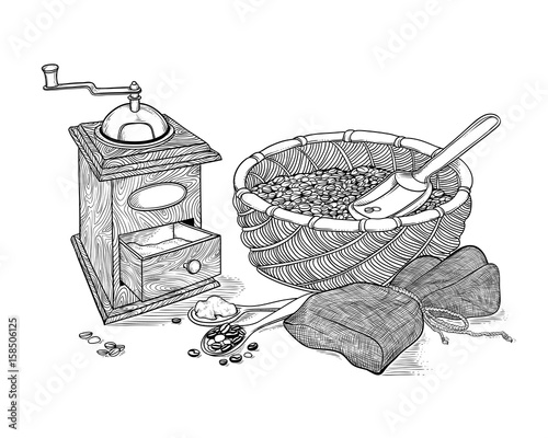 Vector sketch drawing vintage coffee grinder, ground coffee and beans. Wicker basket with grain and shovel, burlap sack tied with rope. Illustration black and white of ingraving style.