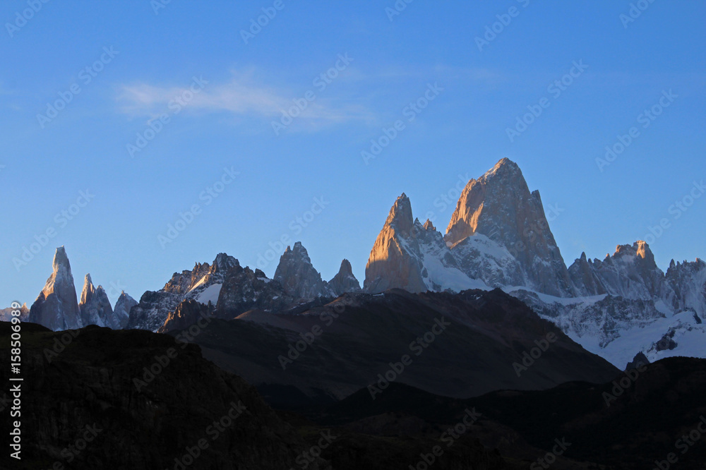 Fitz Roy and Cerro Torre mountainline at sunset, Los Glaciares National Park, El Challten, Patagonia, Argentina