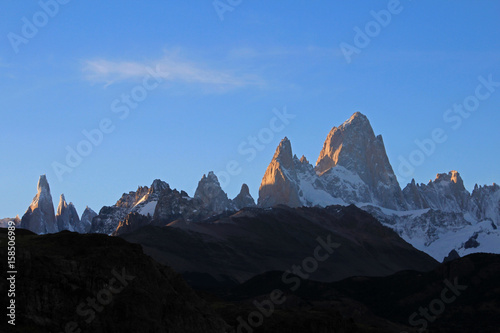 Fitz Roy and Cerro Torre mountainline at sunset  Los Glaciares National Park  El Challten  Patagonia  Argentina