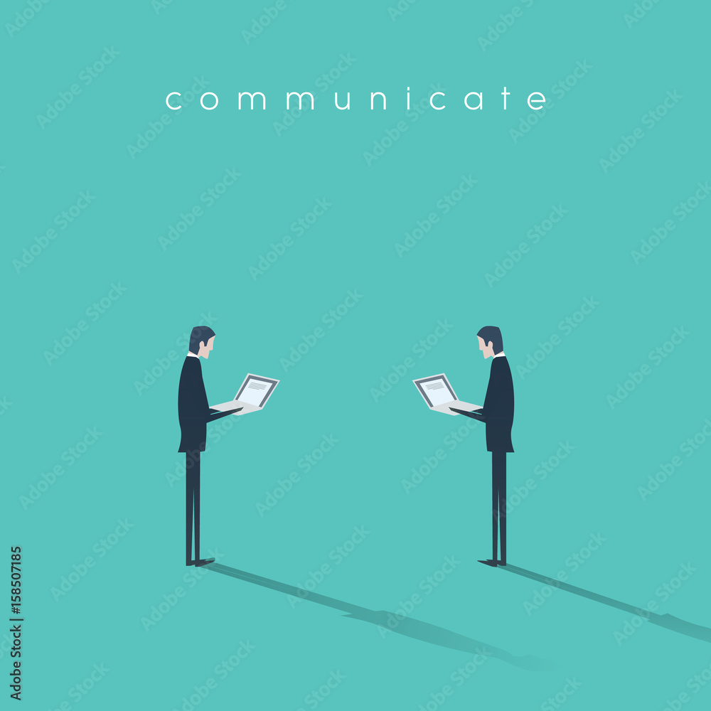 Modern business communication concept vector with two businessman working on laptops. Modern business communication concept vector with two businessman working on laptops.