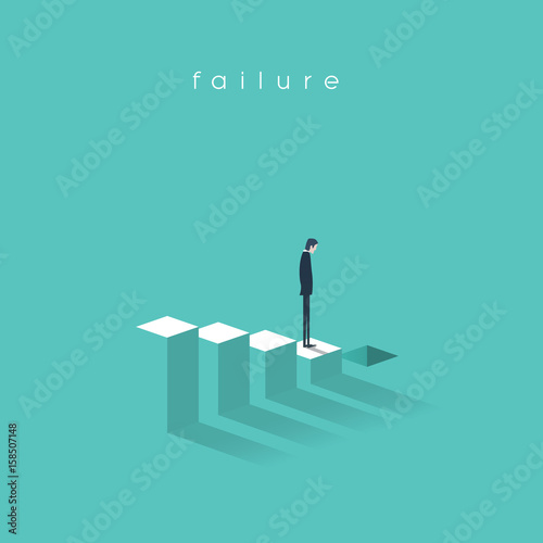 Business failure and bakruptcy vector illustration concept. Businessman on steps leading to stock market crash, crisis, recession, decline