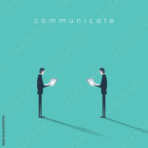 Modern business communication concept vector with two businessman working on laptops.