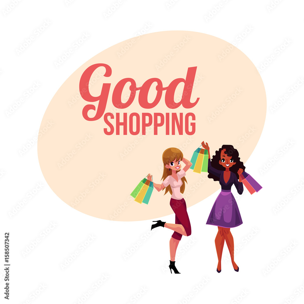 Poster, banner template with happy black and white girl, woman holding shopping bags, cartoon vector illustration. Poster, banner with happy black and white girls, women, friends holding shopping bags Poster, banner template with happy black and white girl, woman holding shopping bags, cartoon vector illustration. Poster, banner with happy black and white girls, women, friends holding shopping bags