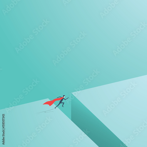 Business superhero flying over gap as a symbol of business superpowers.