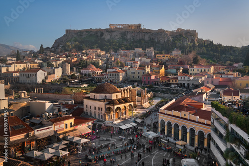 Aerial View of Monastiraki Square and Acropolis in the Evening, Athens, Greece