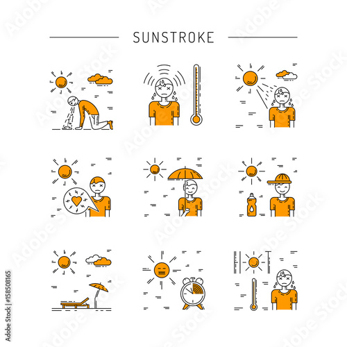 Vector icons on the theme of solar impact and protection measures during exposure to the sun in hot weather. Icons sunstrocke in outline style.