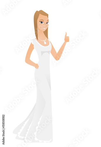 Young caucasian fiancee in white dress giving thumb up. Full length of smiling fiancee with thumb up. Cheerful fiancee showing thumb up. Vector flat design illustration isolated on white background.