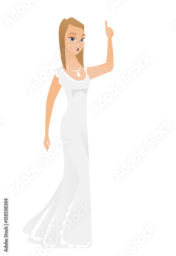 Caucasian fiancee with open mouth pointing finger up. Full length of fiancee in white dress with open mouth came up with successful idea. Vector flat design illustration isolated on white background