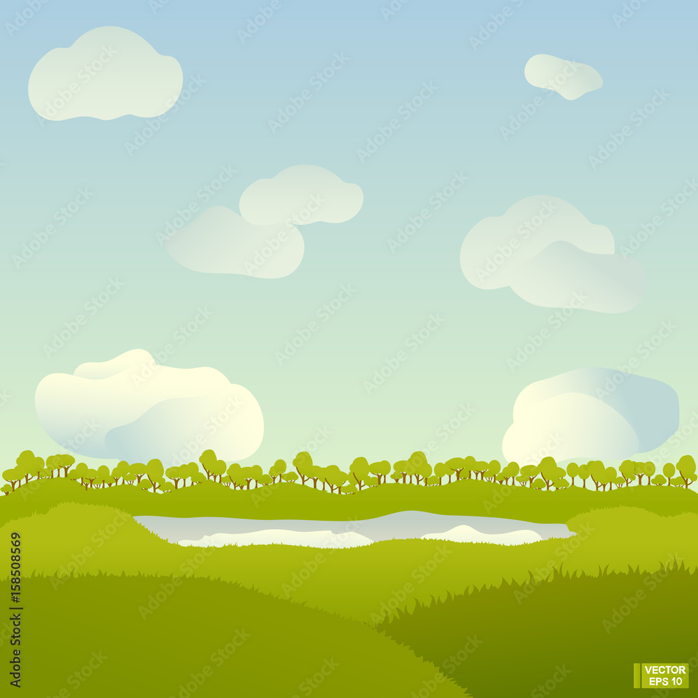 Green meadow, clouds and lake. Green meadow, clouds and lake.