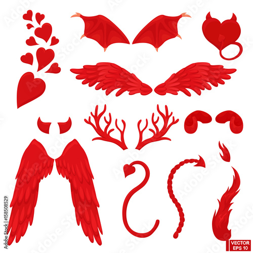 Set of wings, horns, tails