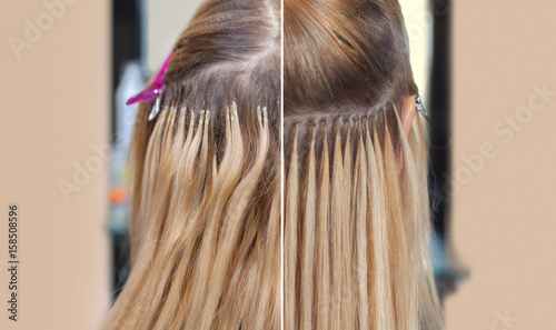 Photo before and after hair extensions to a young girl, a blonde in a beauty salon. Professional hair care.