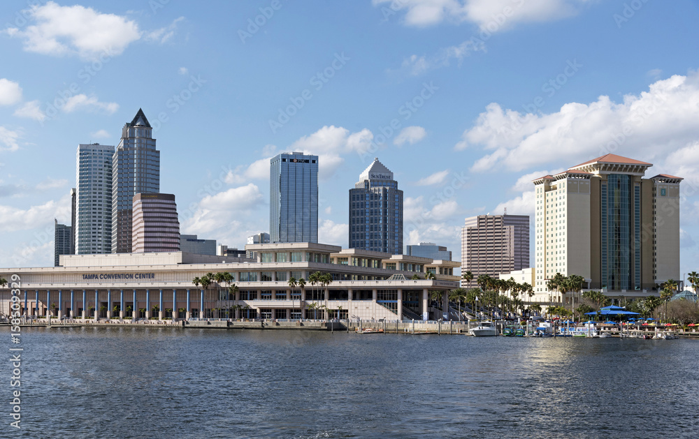 The Convention Center in the waterfront area and skyline landscape of buildings in Tampa Florida USA. April 2017.