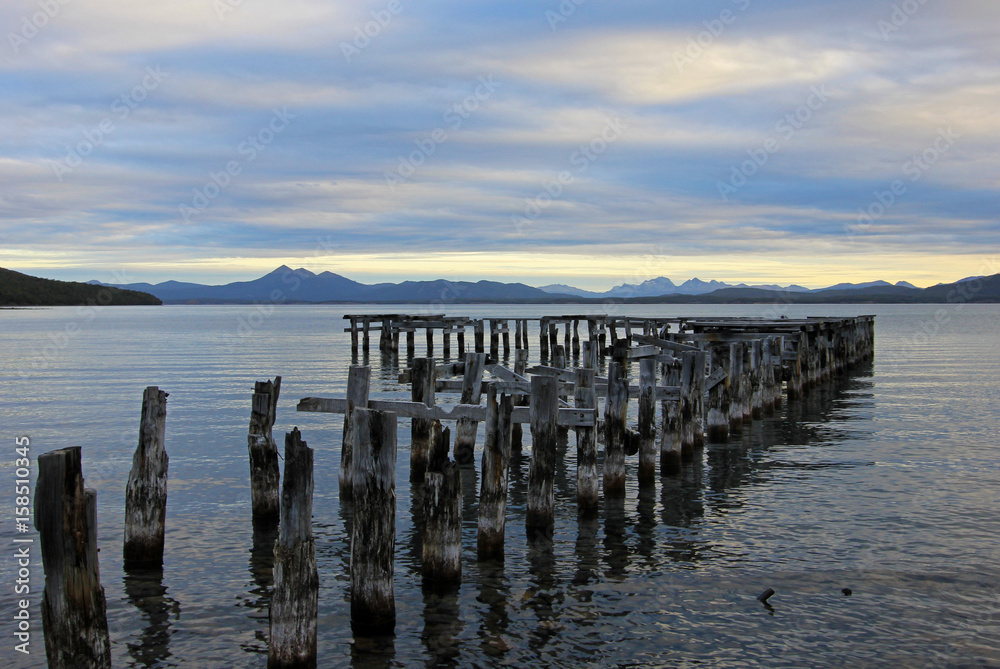Wooden bridge, landing stage, lake Yehuin, Tierra Del Fuego Argentina