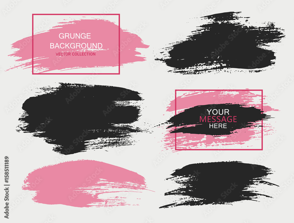 Set of black and pink paint, ink brush strokes, brushes, lines. Dirty artistic design elements, boxes, frames for text. - obrazy, fototapety, plakaty 