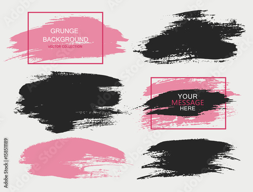 Set of black and pink paint, ink brush strokes, brushes, lines. Dirty artistic design elements, boxes, frames for text.