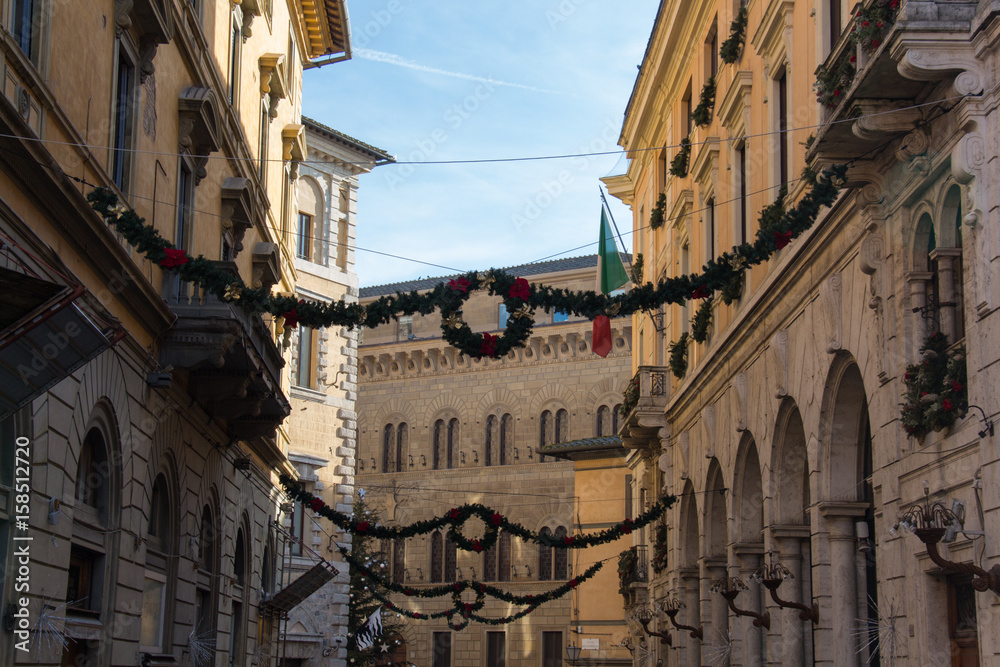 Christmas decorations on the streets of Siena, Tuscany, Italy.