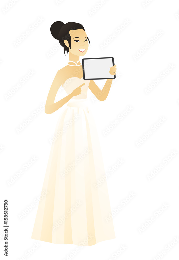 Asian fiancee holding a tablet computer. Full length of young fiancee pointing at the tablet computer. Fiancee with a tablet computer. Vector flat design illustration isolated on white background. Asian fiancee holding a tablet computer. Full length of young fiancee pointing at the tablet computer. Fiancee with a tablet computer. Vector flat design illustration isolated on white background.