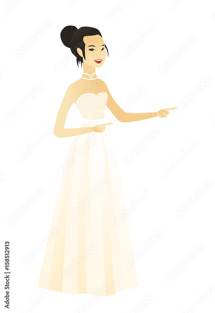 Asian fiancee in white dress pointing to the side. Young fiancee pointing her finger to the side. Fiancee pointing to the right side. Vector flat design illustration isolated on white background.