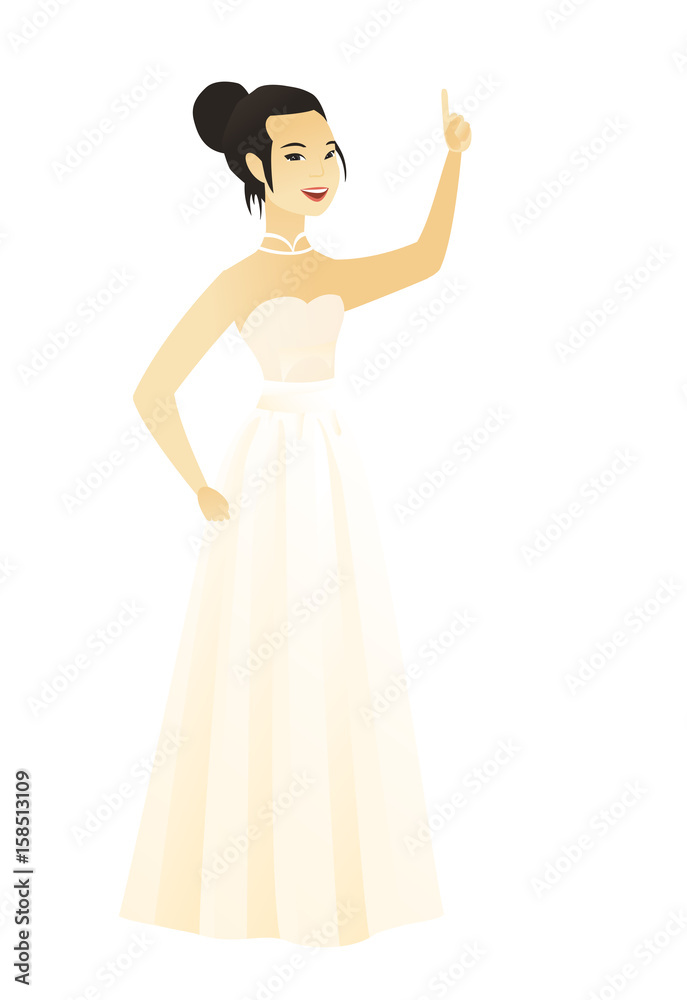 Asian fiancee pointing with her finger. Full length of young fiancee pointing her finger up. Smiling fiancee with finger pointing up. Vector flat design illustration isolated on white background. Asian fiancee pointing with her finger. Full length of young fiancee pointing her finger up. Smiling fiancee with finger pointing up. Vector flat design illustration isolated on white background.