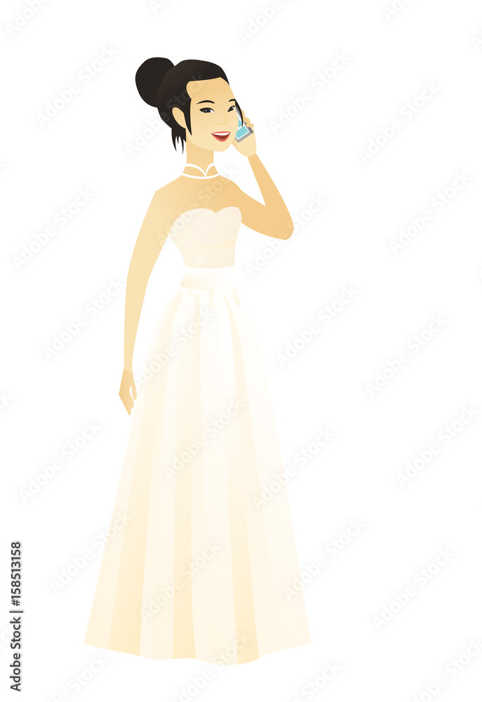 Young asian fiancee talking on a mobile phone. Fiancee talking on a cell phone. Full length of young fiancee talking on a mobile phone. Vector flat design illustration isolated on white background. Young asian fiancee talking on a mobile phone. Fiancee talking on a cell phone. Full length of young fiancee talking on a mobile phone. Vector flat design illustration isolated on white background.
