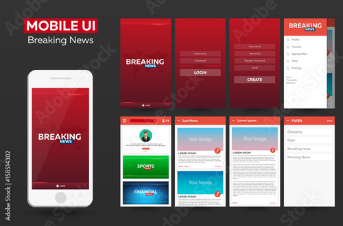 Mobile app Breaking News Material Design UI, UX, GUI. Responsive website.