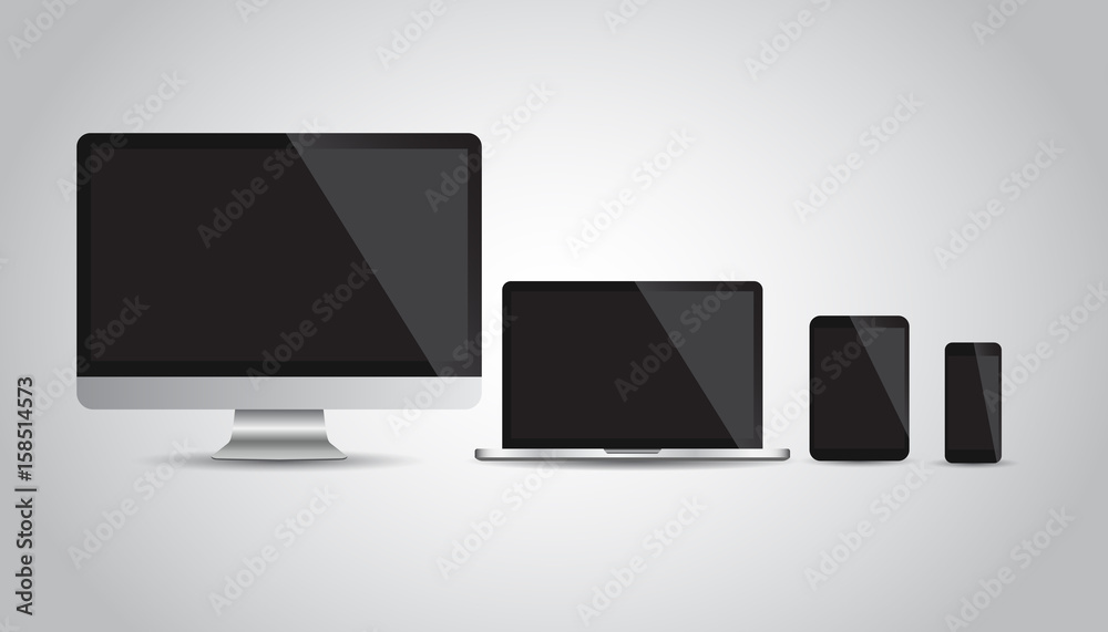 Realistic device flat Icons: smartphone, tablet, laptop and desktop computer. Vector illustration Realistic device flat Icons: smartphone, tablet, laptop and desktop computer. Vector illustration