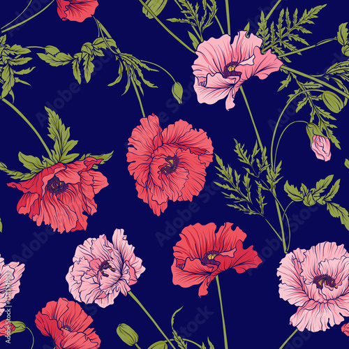 Seamless pattern with pink and red poppy flowers in botanical st