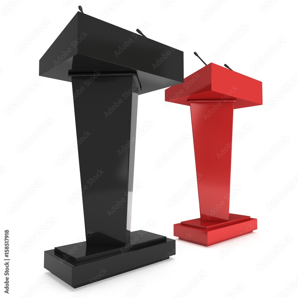 3d Speaker Podium. Red and Black Tribune Rostrum Stand with Microphones. 3d render isolated on white background. Debate, press conference concept 3d Speaker Podium. Red and Black Tribune Rostrum Stand with Microphones. 3d render isolated on white background. Debate, press conference concept