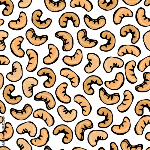 Seamless with Cashew Nuts. Isolated On a White Background Doodle Cartoon Hand Drawn Sketch Vector Illustration. Food Pattern.