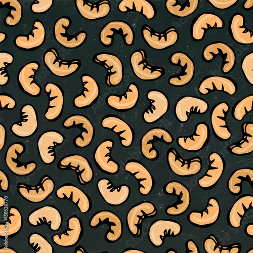 Seamless with Cashew Nuts. Isolated On a Black Chalkboard Background. Doodle Cartoon Hand Drawn Sketch Vector Illustration. Food Pattern.