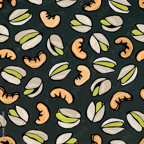 Seamless with Shelled Pistachio and Cashew Nuts. Isolated On a Black Chalkboard Background. Doodle Cartoon Hand Drawn Sketch Vector Illustration. Food Pattern.