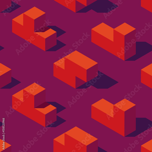 Seamless pattern of isometric game blocks on dark violet background. Vintage 80s style design. Clipping mask used.