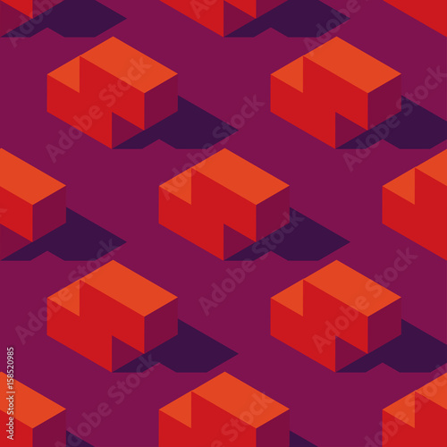 Seamless pattern of isometric game blocks on dark violet background. Vintage 80s style design. Clipping mask used.