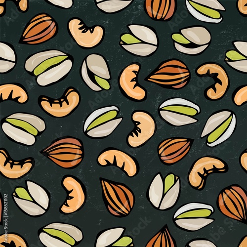 Seamless with Shelled Pistachio, Almond and Cashew Nuts. Isolated On a Black Chalkboard Background. Doodle Cartoon Hand Drawn Sketch Vector Illustration. Food Pattern.