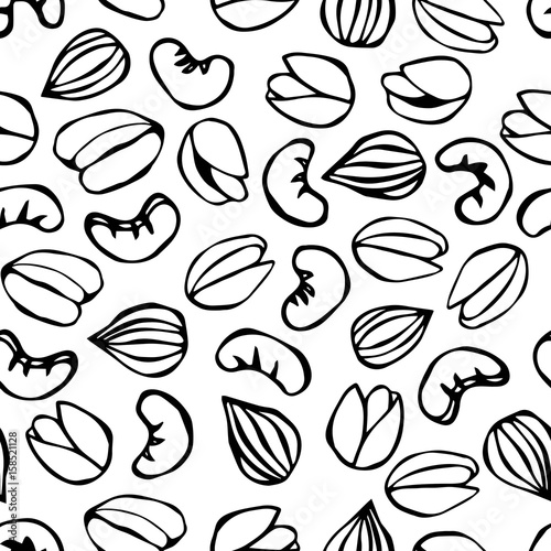 Seamless with Shelled Pistachio, Almond and Cashew Nuts. Isolated On a White Background Doodle Cartoon Hand Drawn Sketch Vector Illustration. Food Pattern.