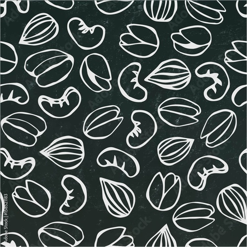 Seamless with Shelled Pistachio, Almond and Cashew Nuts. Isolated On a Black Chalkboard Background. Doodle Cartoon Hand Drawn Sketch Vector Illustration. Food Pattern.