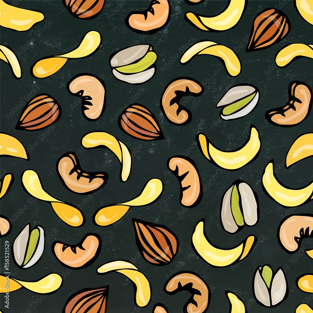 Seamless with Shelled Pistachio, Potato Chips, Almond and Cashew Nuts.Isolated on a Black Chalkboard Background. Doodle Cartoon Hand Drawn Sketch Vector Illustration. Snack Pattern. Seamless with Shelled Pistachio, Potato Chips, Almond and Cashew Nuts.Isolated on a Black Chalkboard Background. Doodle Cartoon Hand Drawn Sketch Vector Illustration. Snack Pattern.