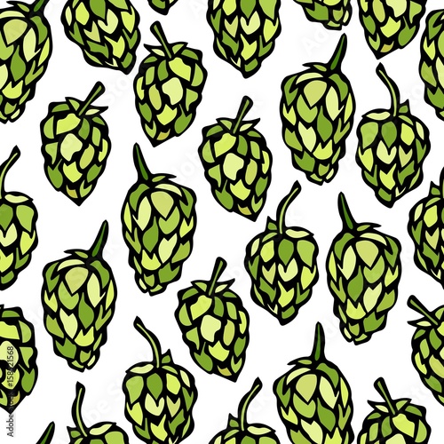 Seamless with Hops. Beer Pattern. Isolated On a White Background Realistic Doodle Cartoon Style Hand Drawn Sketch Vector Illustration.