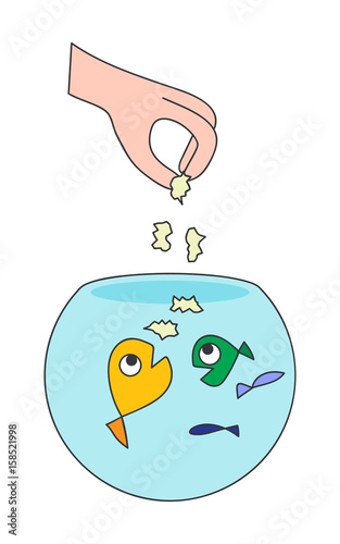 Cartoon vector illustration of a hand feeding fish in a bowl, isolated on white background