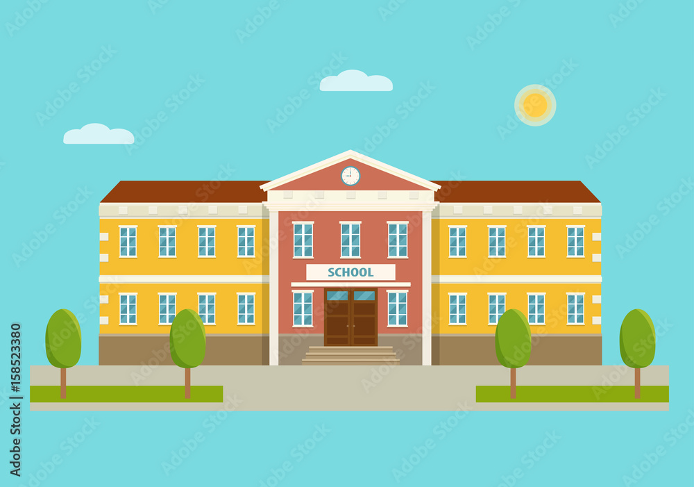 Welcome back to school. School building. Flat style vector illustration.