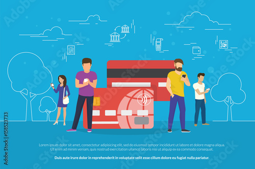 Mobile banking concept illustration of people standing near credit cards and using mobile smart phone for online banking and accounting. Flat men and women with credit cards and bank money symbols