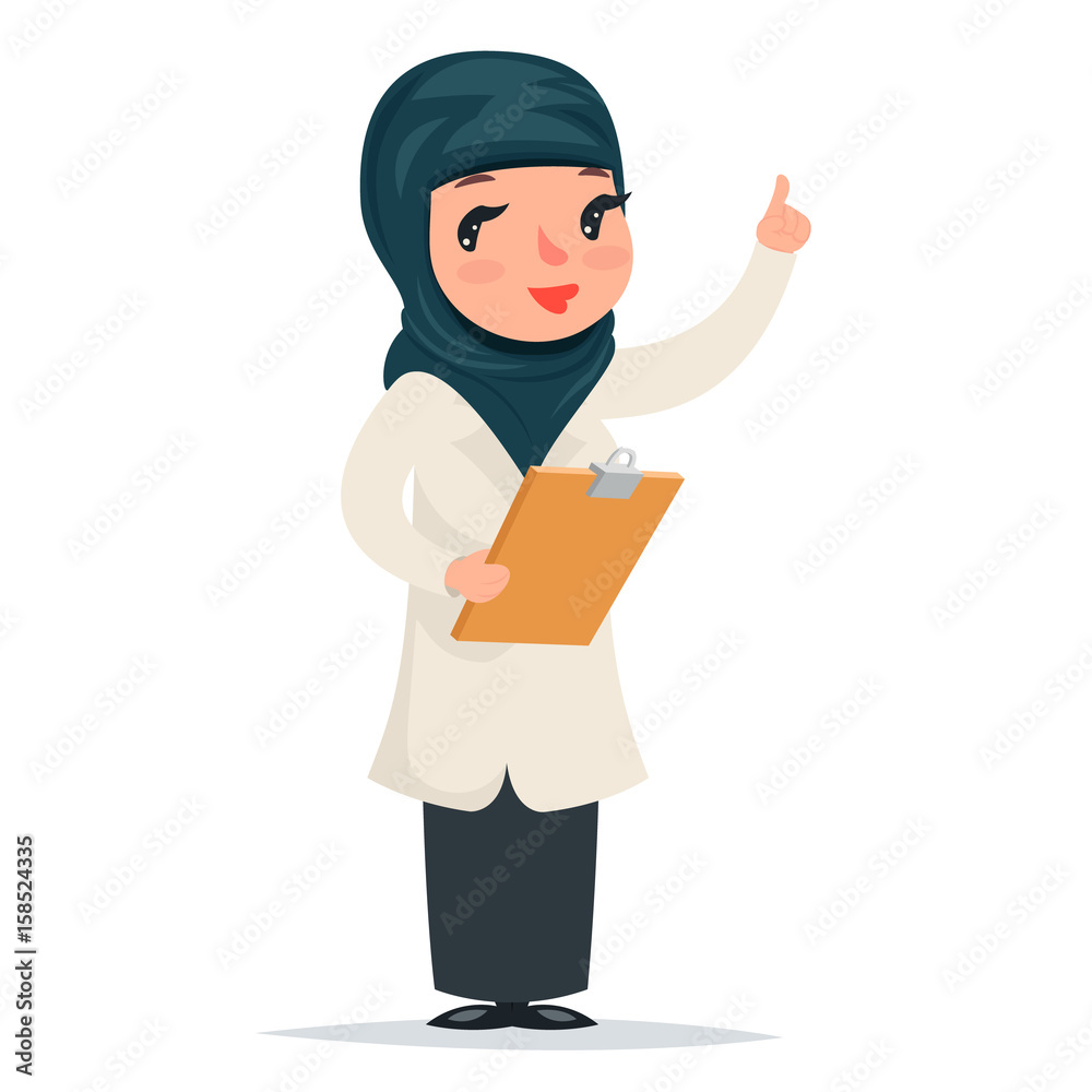 Female Girl Cute Arab Doctor with Clipboard in Hands Forefinger up Advice Preaching Admonition Character Isolated Icon Medic Retro Cartoon Design Vector Illustration Female Girl Cute Arab Doctor with Clipboard in Hands Forefinger up Advice Preaching Admonition Character Isolated Icon Medic Retro Cartoon Design Vector Illustration