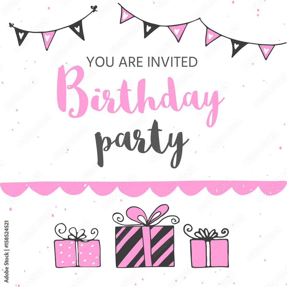 Happy Birthday greeting card and party invitation templates, black and pink colors. Hand drawn elements for perfect  girls design.