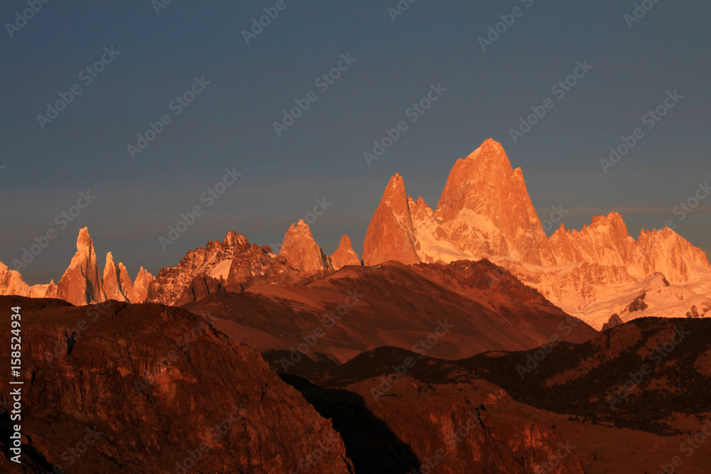 Fitz Roy and Cerro Torre mountainline at sunrise, Los Glaciares National Park, El Challten, Patagonia, Argentina