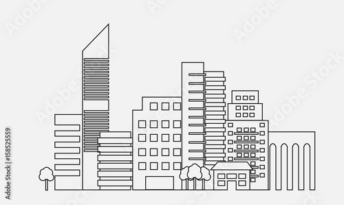 Generic modern city line vector. City skyline linear design. Cityscape line art illustration. Outline skyscrapers.