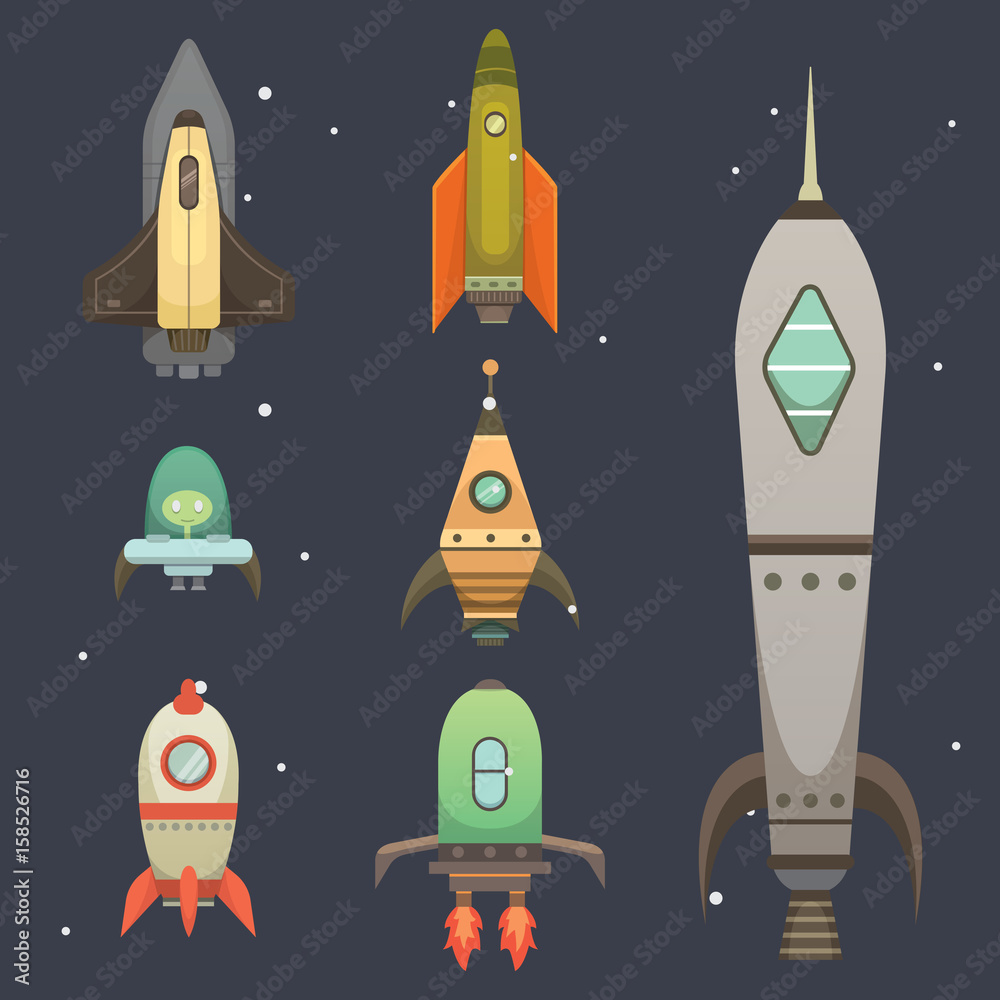 Rocket ship in cartoon style. New Businesses Innovation Development Flat Design Icons Template. Space ships illustrations set. Rocket ship in cartoon style. New Businesses Innovation Development Flat Design Icons Template. Space ships illustrations set.
