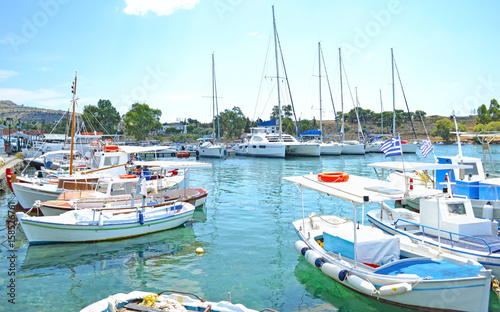 small harbor with boats at Aegina island Saronic Gulf Greece