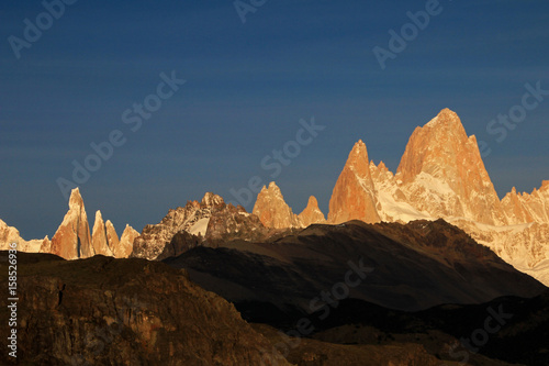 Fitz Roy and Cerro Torre mountainline at sunrise  Los Glaciares National Park  El Challten  Patagonia  Argentina